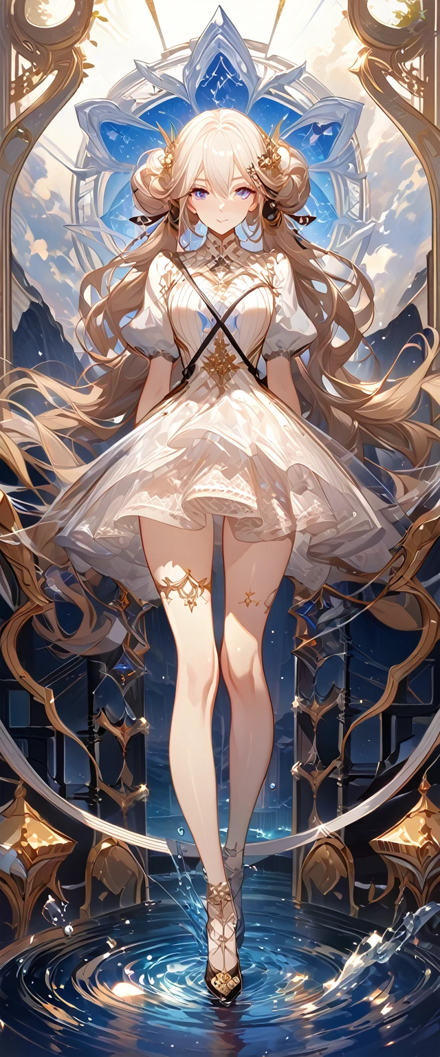 best quality ,masterpiece, illustration, an extremely delicate and beautiful, extremely detailed ,CG ,unity ,8k wallpaper, Amazing, finely detail, masterpiece, best quality, official art, extremely detailed CG unity 8k wallpaper, solo, thigh focus, (full body), arms behind back, white background, finely detailed face and eyes, extreme detail, detailed face, detailed hair, detailed clothes, high quality, slim body, water, masterpiece:1.3, focus:1.2, skirt, short skirt, transparent skirt, lace skirt, all kind of pose, big , hair ornament, meticulous clothes inspired by Asukaziye artist : ask, art style : ask