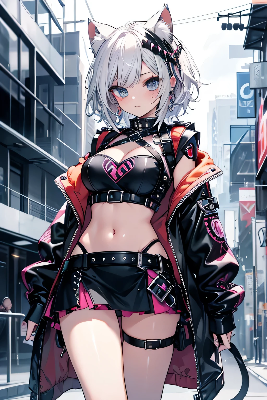 Highest quality, masterpiece, Ultra-high resolution,City of night,Standing woman,Neon Town, Have a smartphone,cyber punk vibe, cyber punk art style, cyber punk vibes, digital cyber punk - anime art, cyber punk themed art, cyber punk anime art, digital cyber punk anime art, in cyber punk style, cyber punk artstyle, has cyber punk style, anime cyber punk art, in cyber punk city, cyber punk art, cyber punk))), cyber punk style, style of cyber punk ,Red eyes, Cleavage, ,Seraphim, skirt,, Multicolored Hair, Grey Hair, Striped Hair, hair ornaments, smile, Black Hair, ,Black jacket, Earrings, Braiding, tooth,Long Hair,Octance 4K, Attention to detail