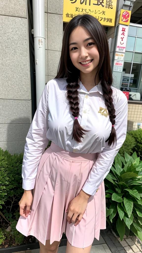 Raw photo、Ultra-realistic、Ultra detailed face、Detail lips、Detailed eyes、High school girl smiling showing her teeth、Long Hair:1.1、chest、Visible curves、Laughing with your mouth open 、Tokyo city角、 Whole body、( Slender body)、(Long Hair)、Big Breasts、Idol、(pastel colour)、18-year-old、Small face、Braid、 Tokyo city、Long beautiful legs 1.2、Curved waist、flower、uniform