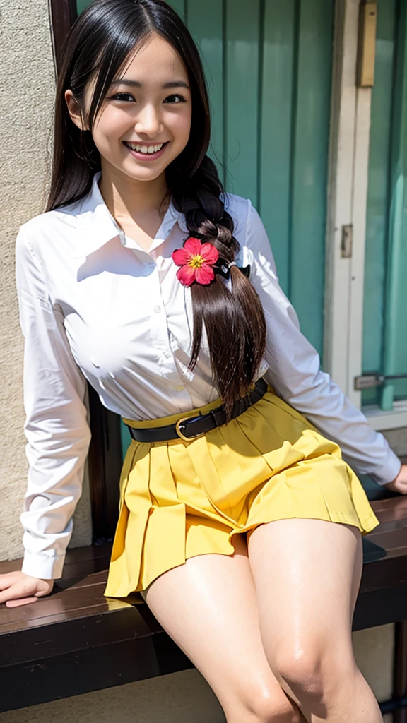 Raw photo、Ultra-realistic、Ultra detailed face、Detail lips、Detailed eyes、High school girl smiling showing her teeth、Long Hair:1.1、chest、Visible curves、Laughing with your mouth open 、Tokyo city角、 Whole body、( Slender body)、(Long Hair)、Big Breasts、Idol、(pastel colour)、18-year-old、Small face、Braid、 Tokyo city、Long beautiful legs 1.2、Curved waist、flower、uniform、blouse、Wide forehead