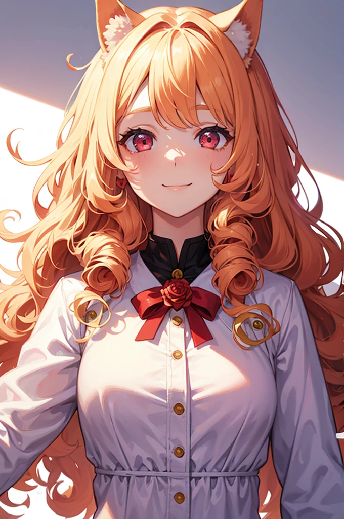 1 girl, pretty girl, blonde hair, pastel red eyes,Curly hair,dog ear,heart,rose,jitome,Front-facing,smile,white background,