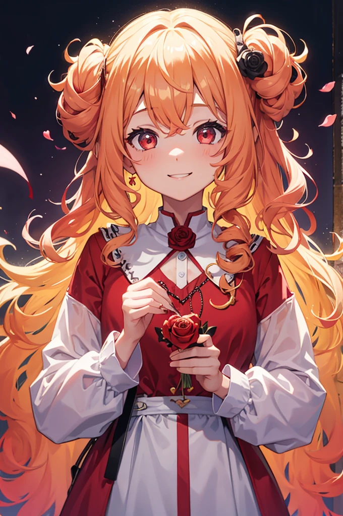 1 girl, pretty girl, blonde hair, pastel red eyes,Curly hair,dog ear,heart,rose,jitome,Front-facing,smile,white background,