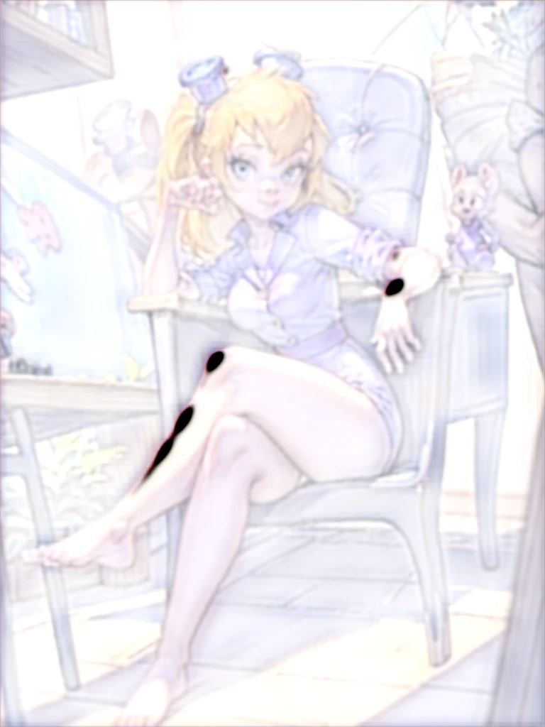CARTOON_gadget_hackwrench_ownwaifu, 1girl, sitting on a desk, legs crossed provocatively, special detail on her large thighs, detailed thighs