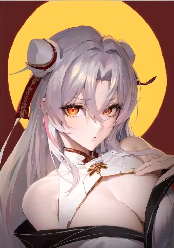Anime girl with long white hair, White-haired deity,, Anime Goddess, Anime cute art style,Attractive anime girl, Place your right hand on your chest,Look at the camera,Orange in the left eye,White right eye