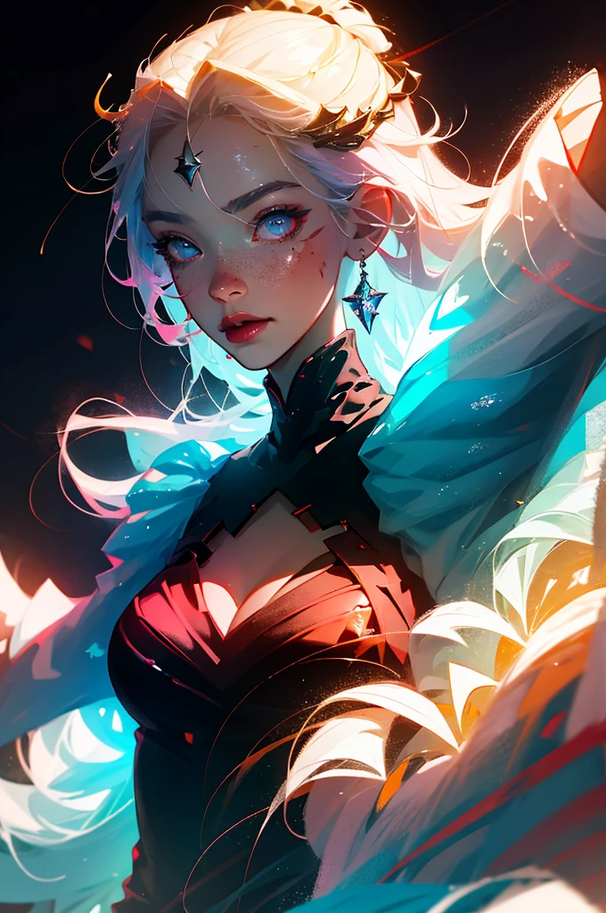 absurdres, 1girl,medium breast, star eye, blush, (realistic:1.5), (masterpiece, Extremely detailed CG unity 8k wallpaper, best quality, highres:1.2), (ultra_detailed, UHD:1.2), (pixiv:1.3), perfect illumination, distinct, (1girl:1.4), (bishoujo:1.2), looking at viewer, unreal engine, sidelighting, perfect face, detailed face, bangs, perfect body, beautiful eyes, pretty face, (bright skin:1.4), idol, (abs), ulzzang-6500-v1.1, (navel), ruins, dark place, night, dark aura, close-up, selfie, (blood on face:1.4), (evil smile:1.1)