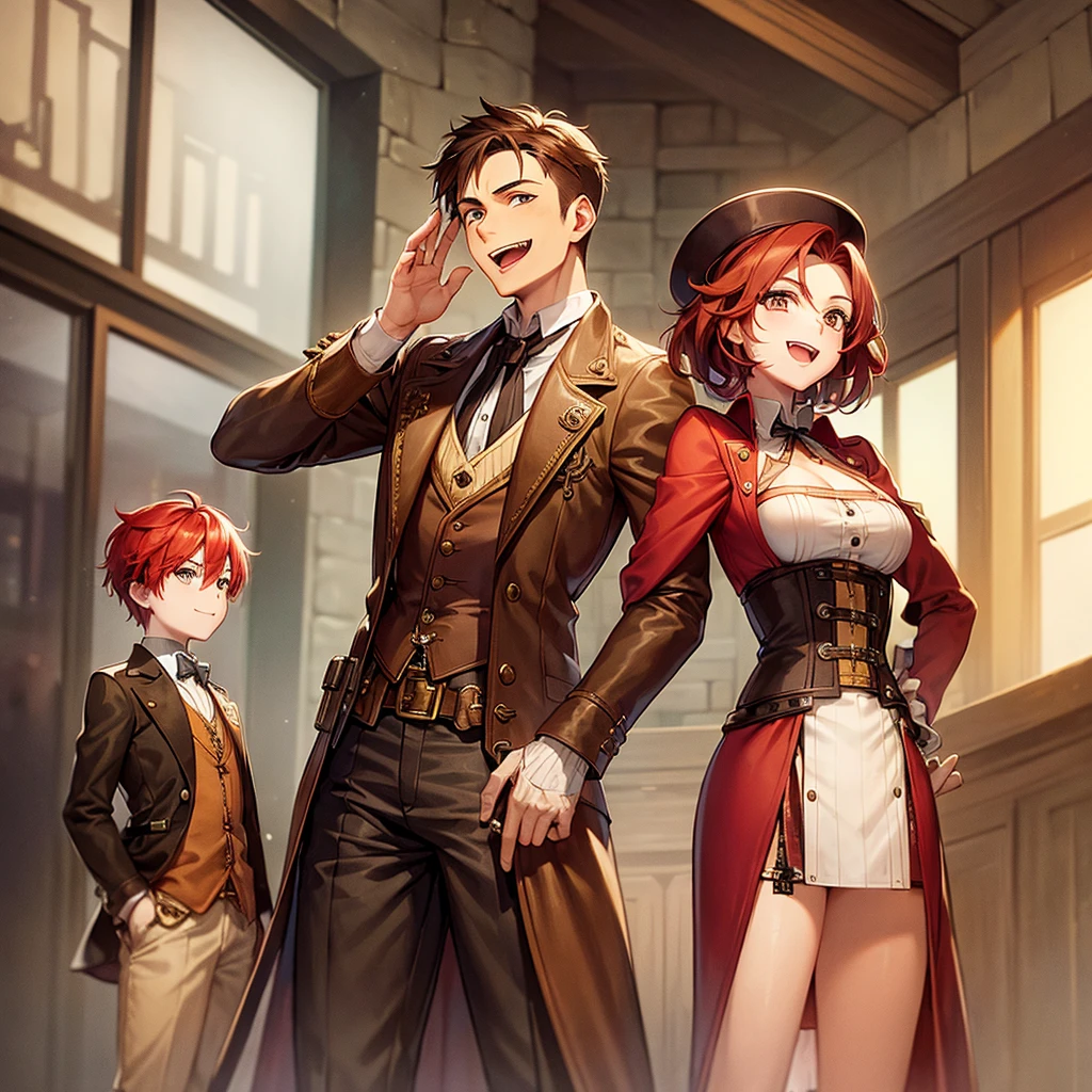 (Short Steampunk boy with brown hair) laughing with a (tall steampunk girl with red hair)