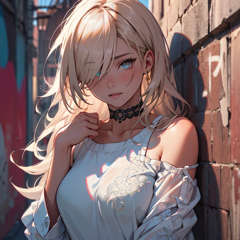 ultra realistic 8k cg, masterpiece, ((ultra detailed background, delicate pattern, intricate detail)), best quality, intricate details, chromatic aberration, 1girl, long hair, golden hair, messy hair, red highlights, hair over one eye, sharp eyes, choker, brick wall, graffiti, dim lighting, alley, oversized shirt,off shoulder, see through white shirt, Masterpiece, best quality