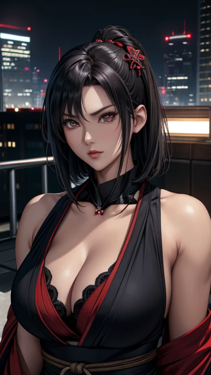(hyper real)、Modern kunoichi、(21st century female ninja)､beautiful woman　　High level image quality　High resolution　(realistic)　short hair､black haired woman、mature woman、middle-aged women、big big、detailed red black 、fine skin texture、超A high resolution、realistic、plump body shape、angry face、Middle-aged Beautiful woman、beautiful expression、With detailed red and black areola 、fine brown eyes、fluffy long hair、Kamimei、Very delicate and fine skin texture、35 years old、{There is a helipad at night((Being on the roof of a skyscraper))}、Modern kunoichi、big cleavage、plunging neckline、bright red lips、She is wearing a gorgeous and luxurious ninja kimono with gunmetal decoration.。、silver collar and necklace、gorgeous hair ornament、
