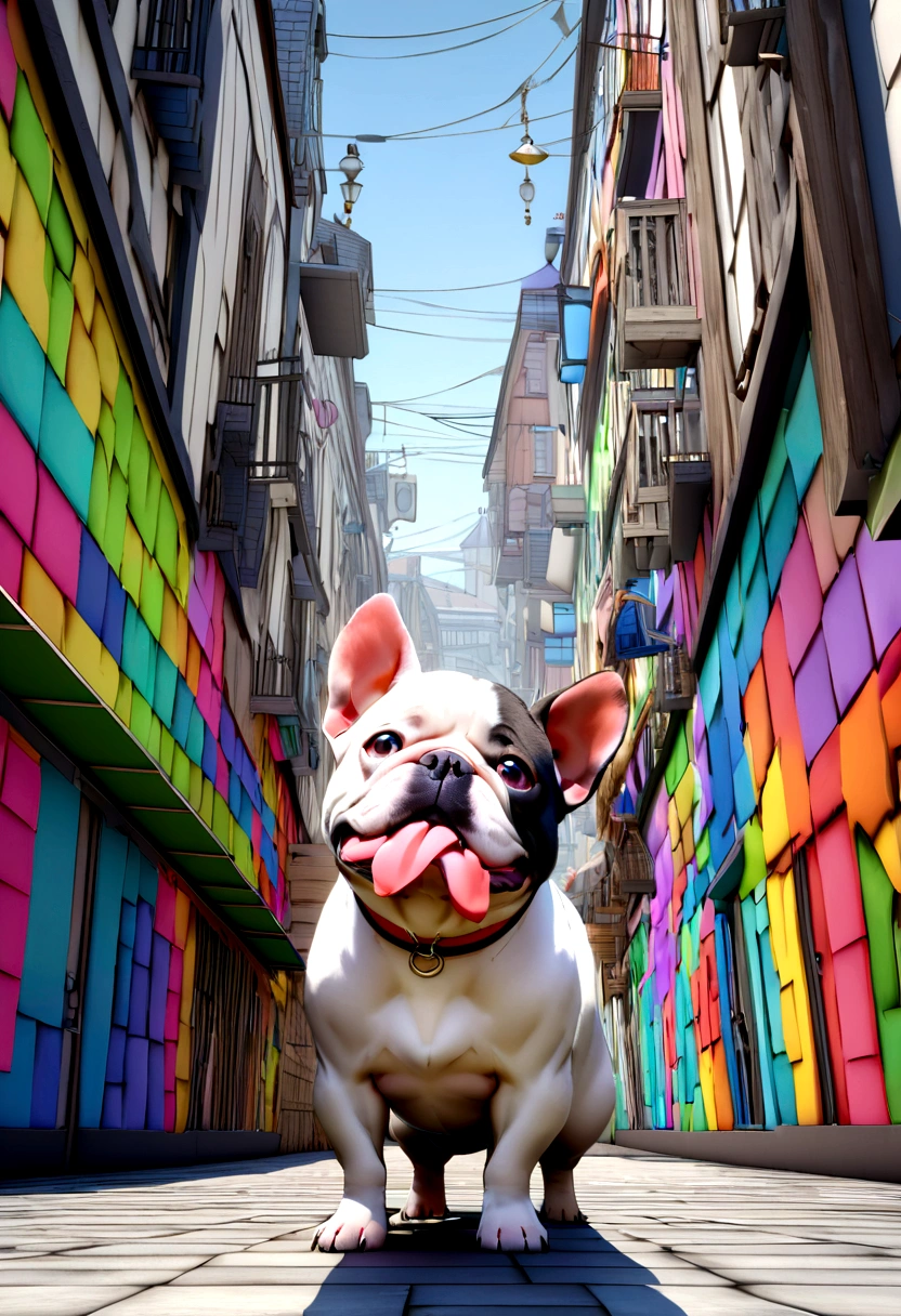 (Highest quality,4K,8k,High resolution,)Infinity symbol,3D Model,Colorful colors,POP wall art background、From the central viewer'Perspective、french bulldog is、gangファッションスタイルで、whole body、Grey face、Gray under the chin、Belly gray、Gray head、Grey feet、ears grey、All gray、Light grey skinned French bulldog、Very delicate town、gang、