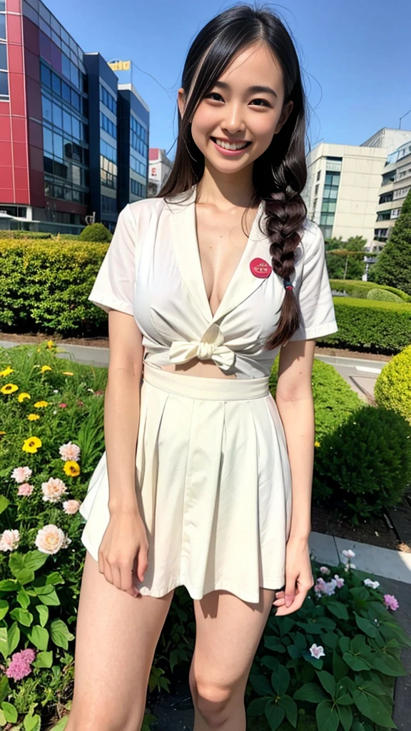 Raw photo、Ultra-realistic、Ultra detailed face、Detail lips、Detailed eyes、High school girl smiling showing her teeth、Long Hair:1.1、chest、Visible curves、Laughing with your mouth open 、Tokyo city角、 Whole body、( Slender body)、(Long Hair)、Big Breasts、Idol、(pastel colour)、18-year-old、Small face、Braid、 Tokyo city、Long beautiful legs 1.2、Curved waist、flower、uniform