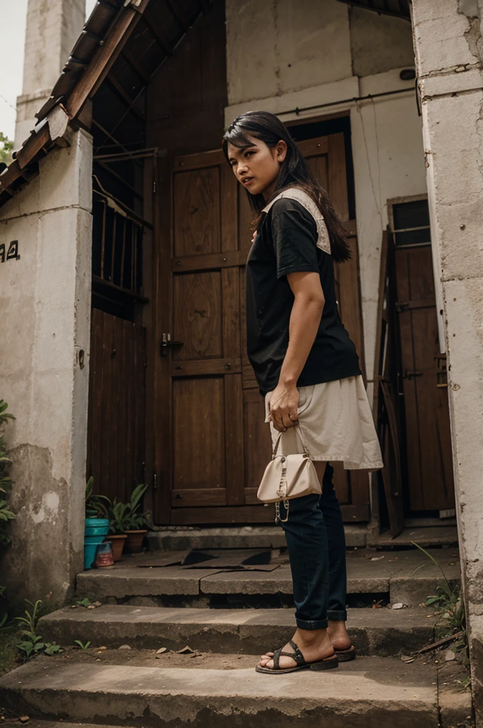 One of the ladies pees herself after being scared, standing, Indonesian face, 15 yo, peeing pants, pee stain