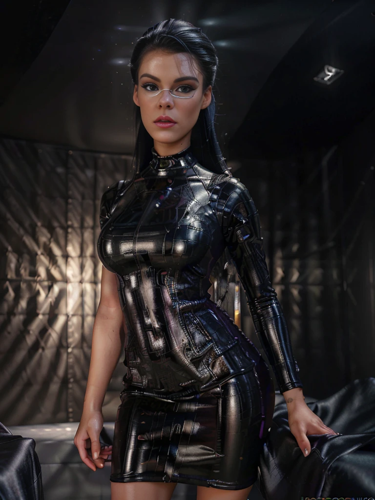 1girl,latex dress,(barbie body),(deep neckline:1.4),beautiful detailed eyes,beautiful detailed lips,extremely detailed face and skin,masterpiece,(best quality,8k,hyper-detailed,photorealistic:1.4),(intricate,highly detailed,cinematic lighting:1.2),dramatic lighting,elegant,dramatic pose,sensual,elegant,fair skin,flawless skin