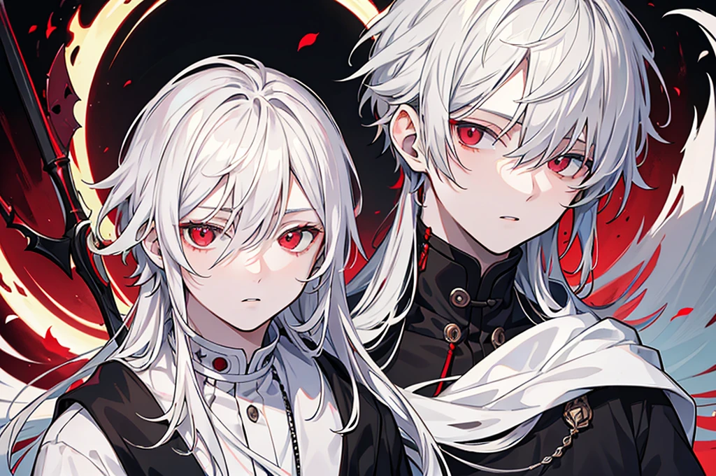 Highest quality，Masterpiece，High Detail，beautiful，Beautiful，cool，Handsome，Beautiful Youth，male，Around 20s，Shota，albino，Gray Hair，Red Eyes，Fair skin，Character portrait