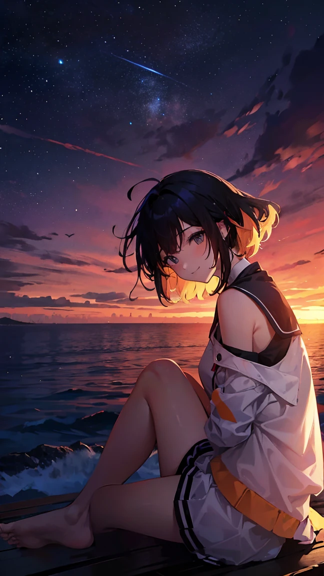 girl with, blows wind,Fluttering hair，gust of wind， Colorful, , ​masterpiece, Sit up, From Side, From Side, A smile, starrysky, stele