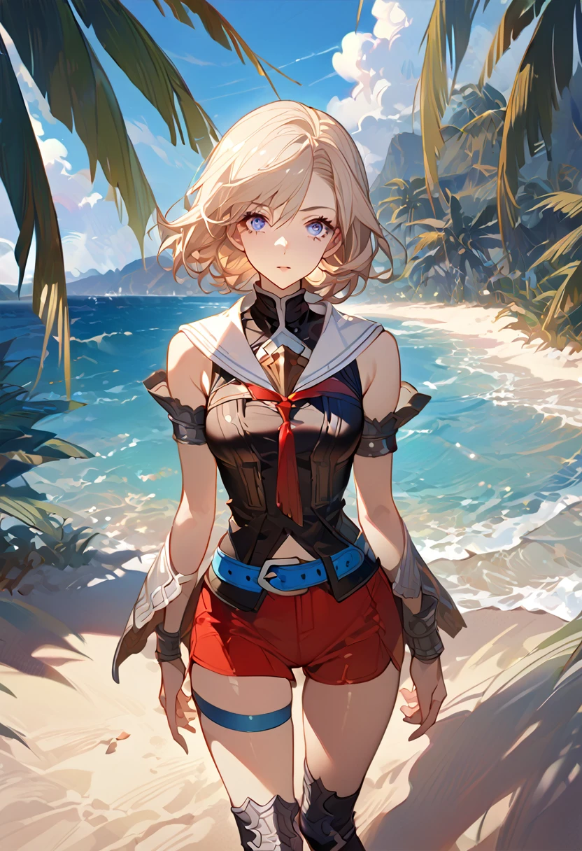 masterpiece, best quality, 8k, 4k, 1girl, ashelia \(final fantasy xii\), slim body, pale blond, blue eyes, short hair, Ashelia Costume, white sailor-like collar shirt, red tight miniskirt, knee sox, , jewelry, Blue belt, single thick blue belt, \(final fantasy xii clothes\) looking at viewer, standing nicely, wind blowing, finely detailed eyes and detailed face, face detailed, hair detailed, clothes detailed, ((high quality)), extreme detail, beach sand, palm tree, calm water, high hills overlooking the sea, hollowed hills,  inspired by Asukaziye artist : ask, art style : ask