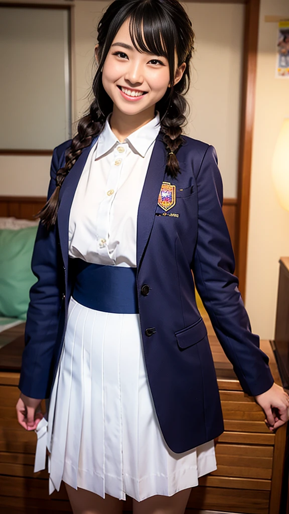 Raw photo、Ultra-realistic、Ultra detailed face、Detail lips、Detailed eyes、High school girl smiling showing her teeth、Long Hair:1.1、chest、Visible curves、Laughing with your mouth open 、Tokyo city角、 Whole body、( Slender body)、(Long Hair)、Big Breasts、Idol、(pastel colour)、18-year-old、Small face、Braid、 Tokyo city、Long beautiful legs 1.2、Curved waist、flower、uniform