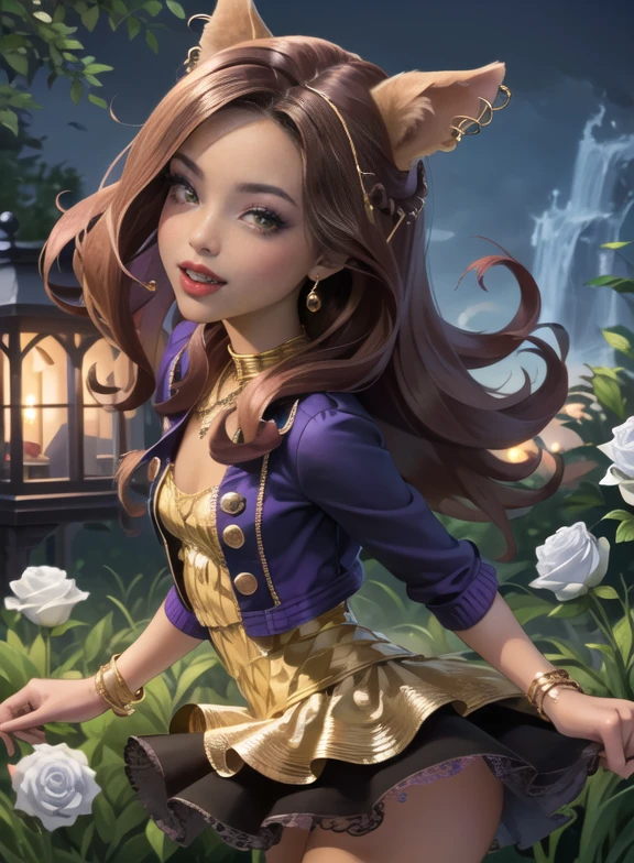 ((high quality)), ((Work of art)), (more detail), 1girl, wolf ears, centered, jewelry, a girl with a wolf ears, award winning upper body portrait, cowboy shot, Clawdeen_MH, solo, brown hair, purple hair, multicolored hair, long hair, wave hair, flowing hair, chinese hairpin, black shirt, black skirt, purple knee boots, smiling, gothic style, garden scenery, gold lanterns, white roses, depth of field, cinematic composition, wave hair, seat on the grass, white roses, smile, wolf fangs, gothic dress, fangs, black dress, black dress with transparency, purple laces, black gloves, black high socks, purple high hills boots, jewelry, grass, white roses on focus, Clawdeen_(monster high), Monster High, looking at the viewer, more details on the clothes, petals in the air