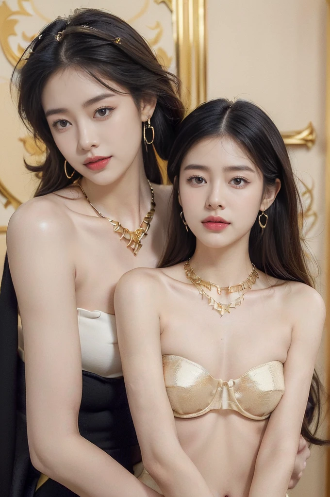 ((((8k))),((Extremely meticulous CG)) ,(wallpaper),16k,((Extremely refined and beautiful)),(((Masterpiece))),(((best qualtiy))),(((Ultra High Resolution))),beautiful light up,Perfect lightning,realistic shaded,(Smooth and flawless skin:1.5),(Extremely exquisite facial details:1.2),(perfect body:1.2),(ultra-detailed),((A beautiful girl,solo)),(small head:1.2),(pale skin:1.3),(medium straight hair:1.2),(small face:1.2),(baby face:1.3),(Exquisite makeup:1.2),(small breasts:1.2),(flat chest:1.3),((slim,thin)),(laughing:1.2),(gold earrings:1.3),(gold necklace:1.3),(strapless gorgeous black Thai bra:1.5),(indoor:1.3),(summer:1.3),(detailed background:1.5),(standing:1.3),(close-up of face:1.3),(from front:1.3),(day scene:1.5),(In a luxurious jewelry store:1.5),(bright and vivid colors:1.3),(The showcase is piled with jewelries:1.3),