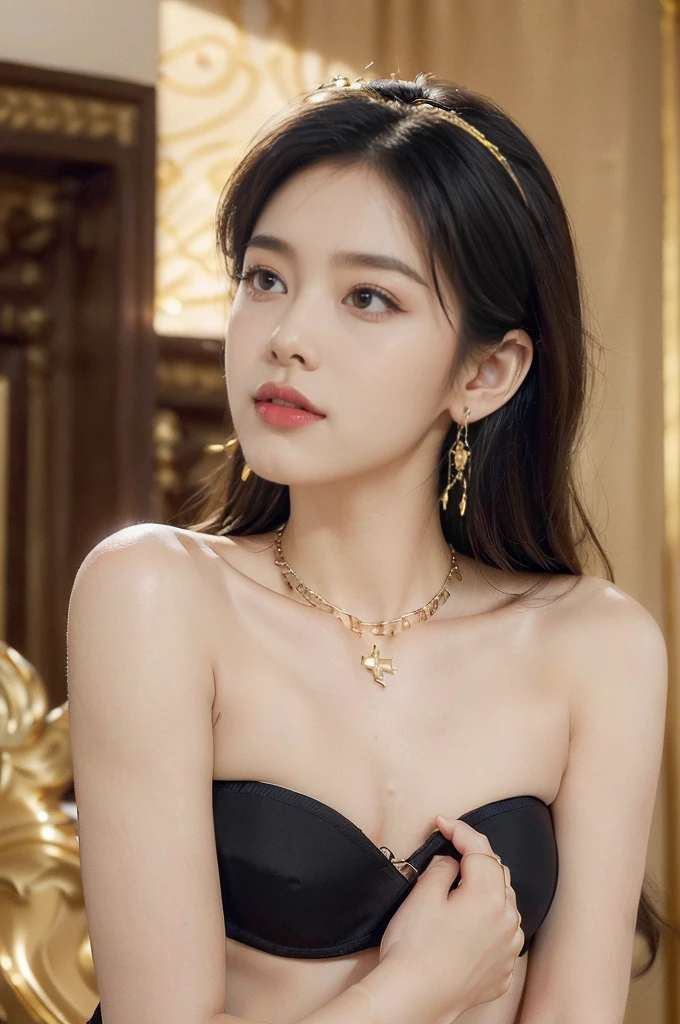 ((((8k))),((Extremely meticulous CG)) ,(wallpaper),16k,((Extremely refined and beautiful)),(((Masterpiece))),(((best qualtiy))),(((Ultra High Resolution))),beautiful light up,Perfect lightning,realistic shaded,(Smooth and flawless skin:1.5),(Extremely exquisite facial details:1.2),(perfect body:1.2),(ultra-detailed),((A beautiful girl,solo)),(small head:1.2),(pale skin:1.3),(medium straight hair:1.2),(small face:1.2),(baby face:1.3),(Exquisite makeup:1.2),(small breasts:1.2),(flat chest:1.3),((slim,thin)),(laughing:1.2),(gold earrings:1.3),(gold necklace:1.3),(strapless gorgeous black Thai bra:1.5),(indoor:1.3),(summer:1.3),(detailed background:1.5),(standing:1.3),(close-up of face:1.3),(from front:1.3),(day scene:1.5),(In a luxurious jewelry store:1.5),(bright and vivid colors:1.3),(The showcase is piled with jewelries:1.3),