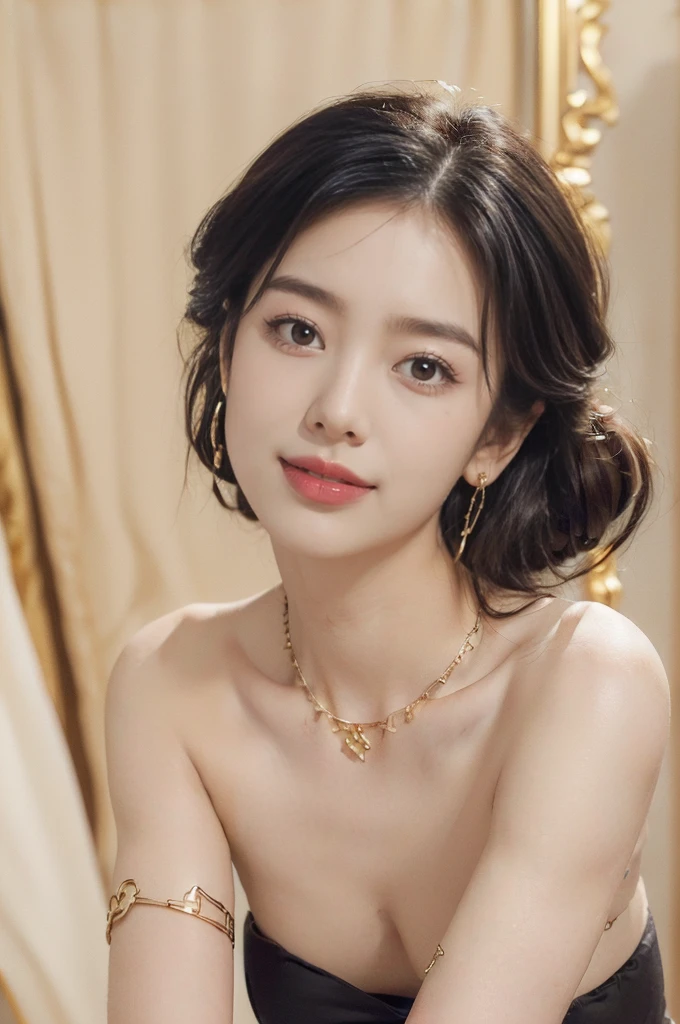 ((((8k))),((Extremely meticulous CG)) ,(wallpaper),16k,((Extremely refined and beautiful)),(((Masterpiece))),(((best qualtiy))),(((Ultra High Resolution))),beautiful light up,Perfect lightning,realistic shaded,(Smooth and flawless skin:1.5),(Extremely exquisite facial details:1.2),(perfect body:1.2),(ultra-detailed),((A beautiful girl,solo)),(small head:1.2),(pale skin:1.3),(medium straight hair:1.2),(small face:1.2),(baby face:1.3),(Exquisite makeup:1.2),(small breasts:1.2),(flat chest:1.3),((slim,thin)),(laughing:1.2),(gold earrings:1.3),(gold necklace:1.3),(strapless gorgeous black Thai bra:1.5),(indoor:1.3),(summer:1.3),(detailed background:1.5),(standing:1.3),(close-up of face:1.3),(from front:1.3),(day scene:1.5),(In a luxurious jewelry store:1.5),(bright and vivid colors:1.3),(The showcase is piled with jewelries:1.3),