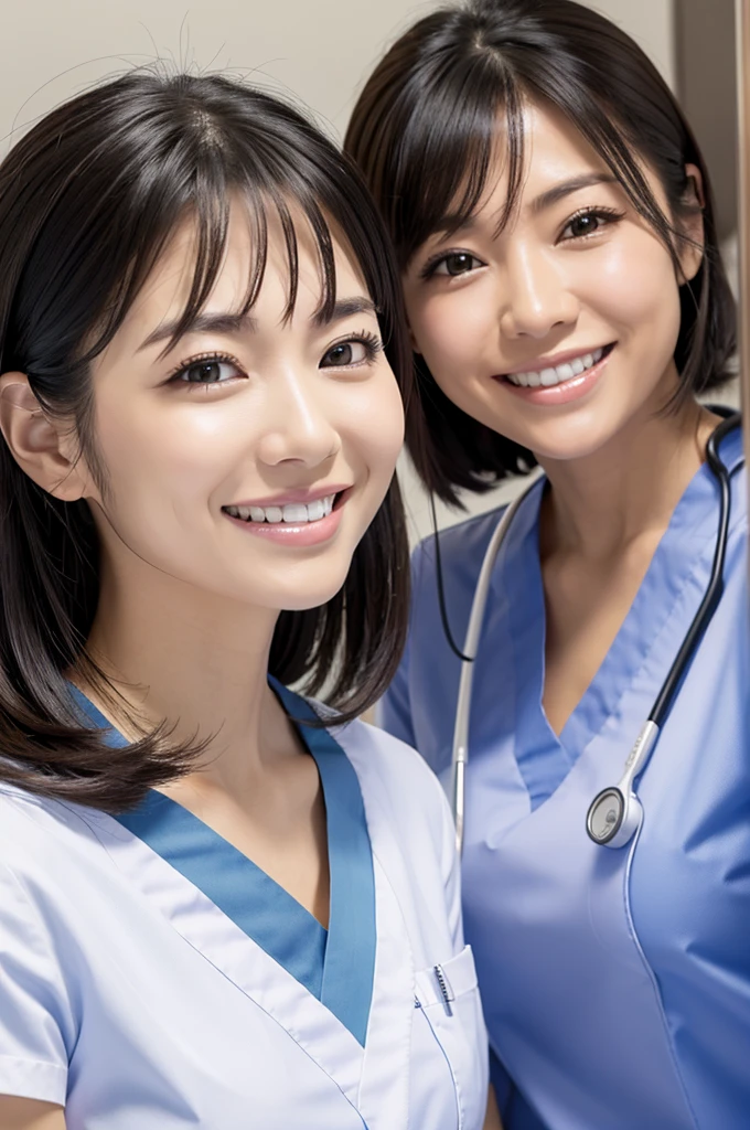 Dental hygienist, only two women　Side by side, smiling, wearing medical scrubs　White, short sleeves, cute, Japanese, black hair, 20s　Upper body close-up　high resolution　Highest quality
