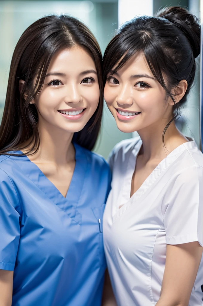 Dental hygienist, only two women Side by side, smiling, wearing medical scrubs White, short sleeves, cute, Japanese, black hair, 20s Upper body close-up high resolution Highest quality