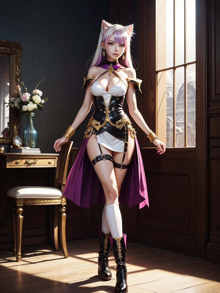 There is lost coliseum there stand female lionessin battle stance, she have ebony colour skin beautiful yellow cat eyes dark gold eyeshadows make up, ring style earrings, her hair is purple with pink highlights . she dressed in white neather topic with golden parts on countures also short and white leather straps on her cat legs instead of boots, her hands have hude ruby claws on her fingers, (ultra high quality fantasy art, anime fantasy style, masterpiece, ultra high quality character design, 8k quality anime art, realistic anime art, top quality wallpaper illustration, detailed ultra high quality accurate face, high quality design and accurate physic)