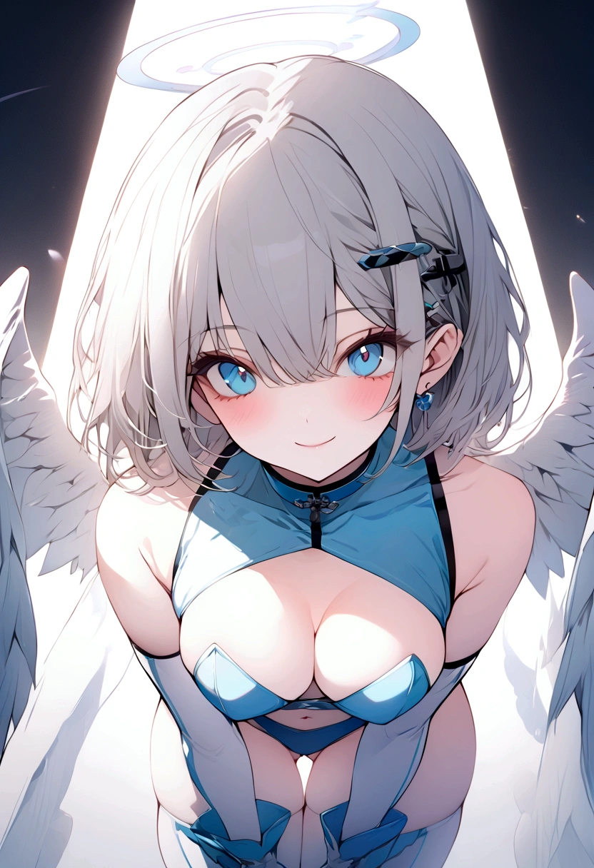 beautiful, masterpiece, Highest quality, anime, One girl, C Cup,Portrait Shot, View your viewers, Intricate details,>,((Covered、Short Hair、nearby、Blue Eyes、art、、White hair,Blue streaked hair、wallpaper、、hairpin、smile、Angel、Thighs、Halo、、navel、Plainer_Race Queen、Plainer_Gloves、Plainer_Knee-high boots