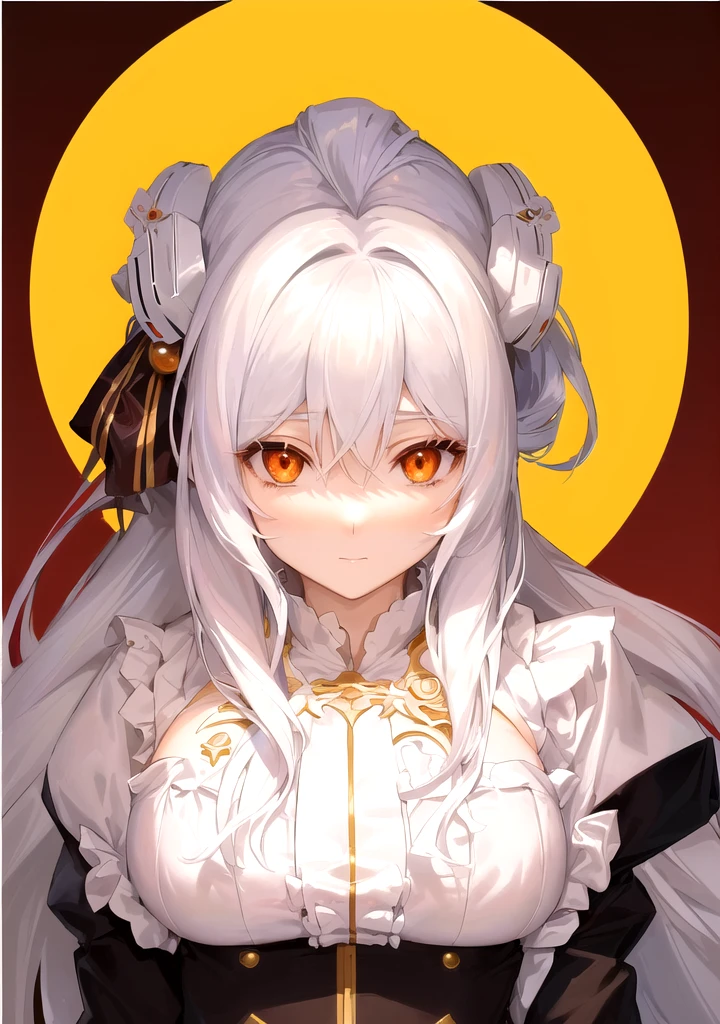 Anime girl with long white hair, White-haired deity,, Anime Goddess, Anime cute art style,Attractive anime girl, Place your right hand on your chest，Look at the camera，Orange in the left eye，White right eye，
