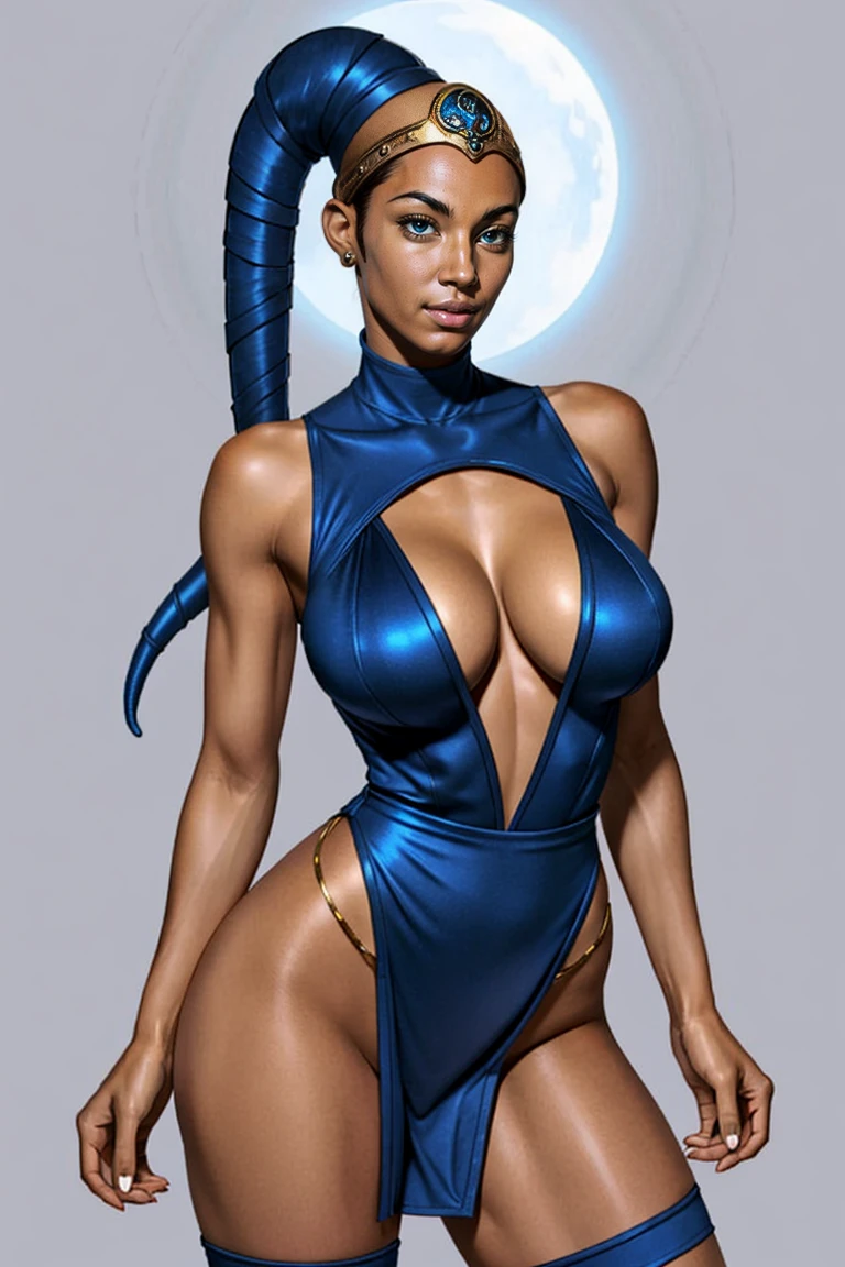 Tall Blue Skin Twi'lek with (huge breasts) wearing a tight short gold minidress, short dress, miniskirt, high neck, sleeveless, (keyhole cleavage), tattoos, huge breasts, cleavage, tall, graceful, (tall, long legs), toned, slim hips, small waist, full-body shot