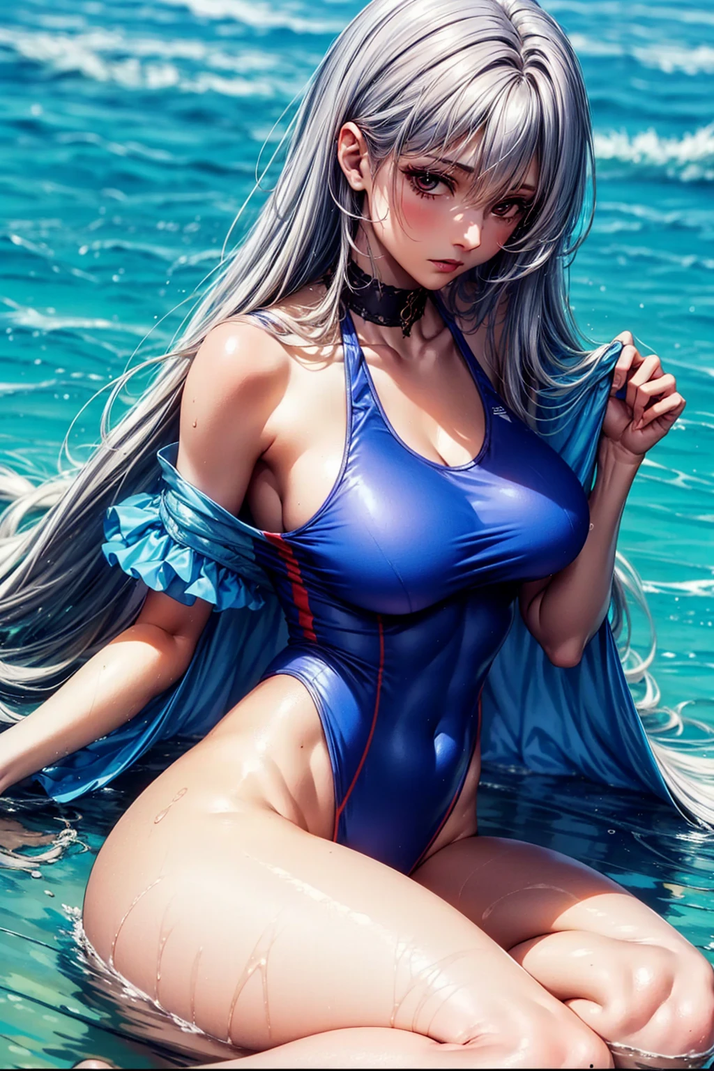 (masterpiece:1.2), (Best quality at best:1.2), perfect eyes, perfect face, 1 Girl, Alone, 8K, Best Quality, large breast,(Detailed description of hair), (Detailed description of face),(Detailed description of body), fair and clear skin, matchless beauty, long legged, facing the audience, professional photographic lighting,detailed red eye,detailed face, Silver hair, blue school swimsuit