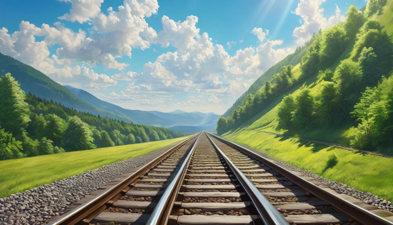 Hyper Realism,one lane of railway rails, Zelenaya Polyana, sunny day, airborne clouds, green forest on the horizon