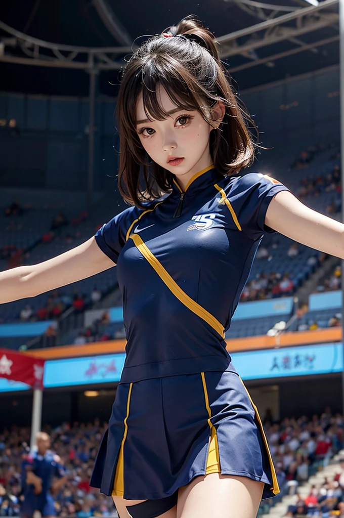 1 girl, sweet, sun glare, chunli, dress conservatively, exercise clothes, street fighter, bodybuilding, bokeh, depth of field, blurred background, light particles, strong wind, head tilt,