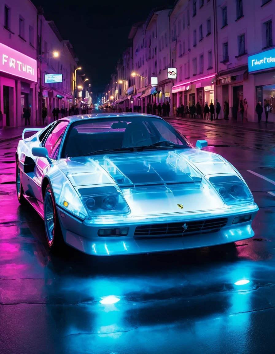 image of a 1984 white ferrari testossa fully transparent translucent, you can see the engine through its transparent skin, She is on a futuristic cyber street lit with blue and pink neon