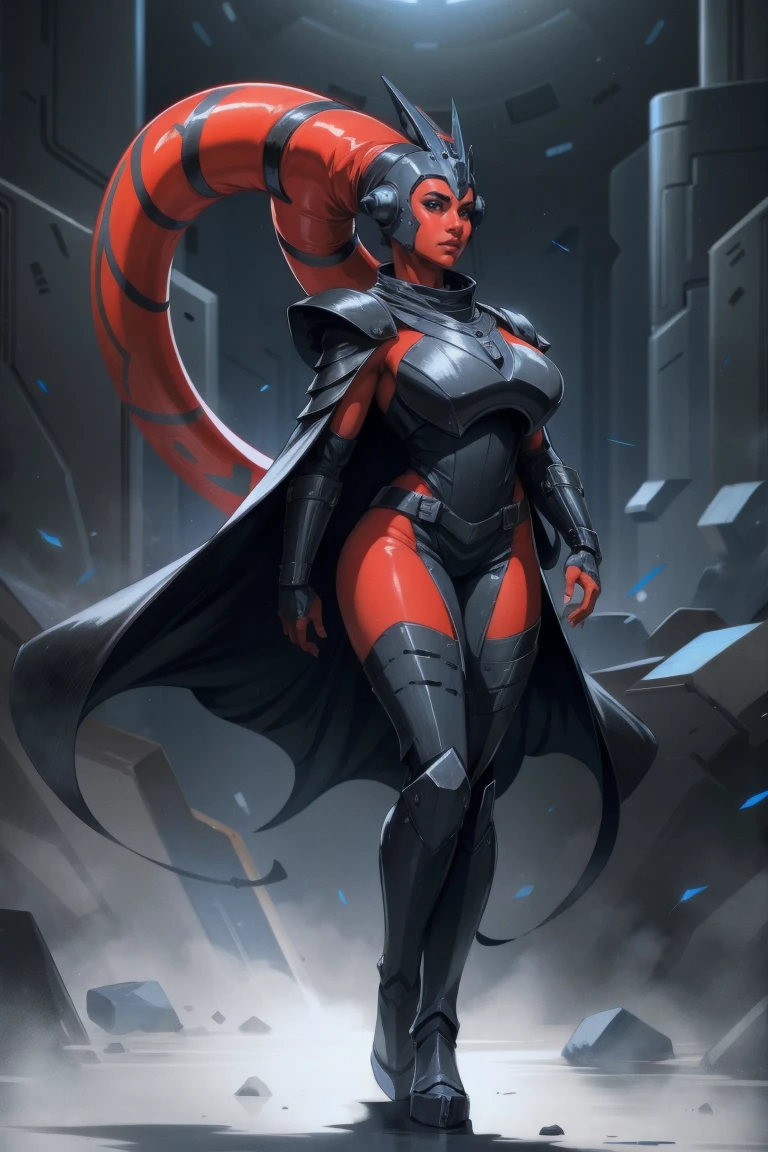 Brutal Red Skin Twi'lek with huge breasts wearing futuristic ((sleek (black) armor, black armor)) robes, cowl, crown, helmet, cape, huge breasts, slim hips, small waist, full-body shot