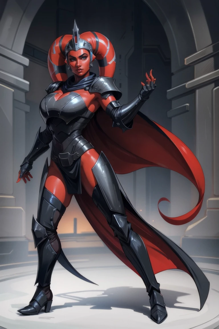 Brutal Red Skin Twi'lek with huge breasts wearing futuristic ((sleek (black) tunic)), robes, cowl, cape, huge breasts, slim hips, small waist, full-body shot