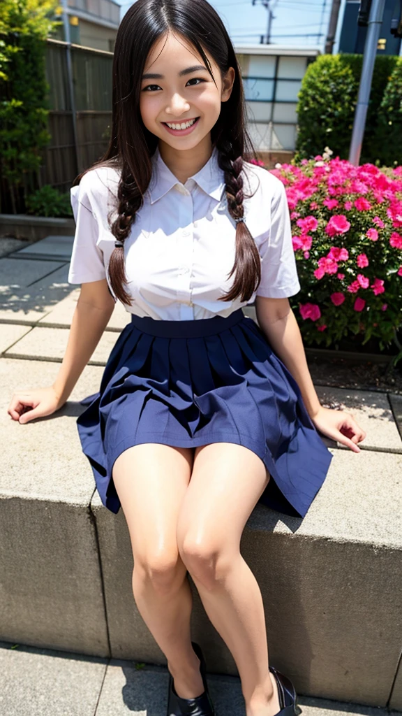 Raw photo、Ultra-realistic、Ultra detailed face、Detail lips、Detailed eyes、High school girl smiling showing her teeth、Long Hair:1.1、chest、Visible curves、Laughing with your mouth open 、Tokyo city角、 Whole body、( Slender body)、(Long Hair)、Big Breasts、Idol、(pastel colour)、18-year-old、Small face、Braid、 Tokyo city、Long beautiful legs 1.2、Curved waist、flower、uniform
