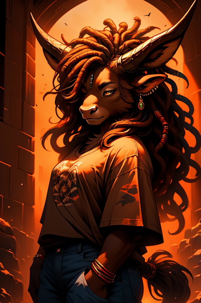 a masculine female highland cow with dreadlocks and her hair over her eyes, rings on horns, wearing a band t-shirt and baggy blue jeans, detailed horns, detailed fur, dramatic lighting, dramatic shadows, vibrant colors, warm color palette.