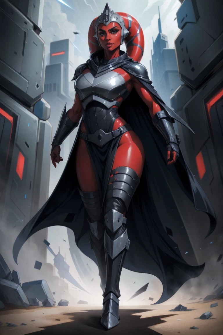 Brutal Red Skin Twi'lek with huge breasts wearing futuristic ((sleek (black) armor, black armor)) robes, cowl, crown, helmet, cape, huge breasts, slim hips, small waist, full-body shot