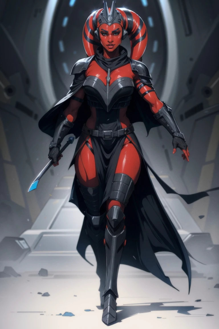 Brutal Red Skin Twi'lek with huge breasts wearing futuristic ((sleek (black) armor, black armor)) robes, cowl, crown, helmet, cape, huge breasts, slim hips, small waist, full-body shot