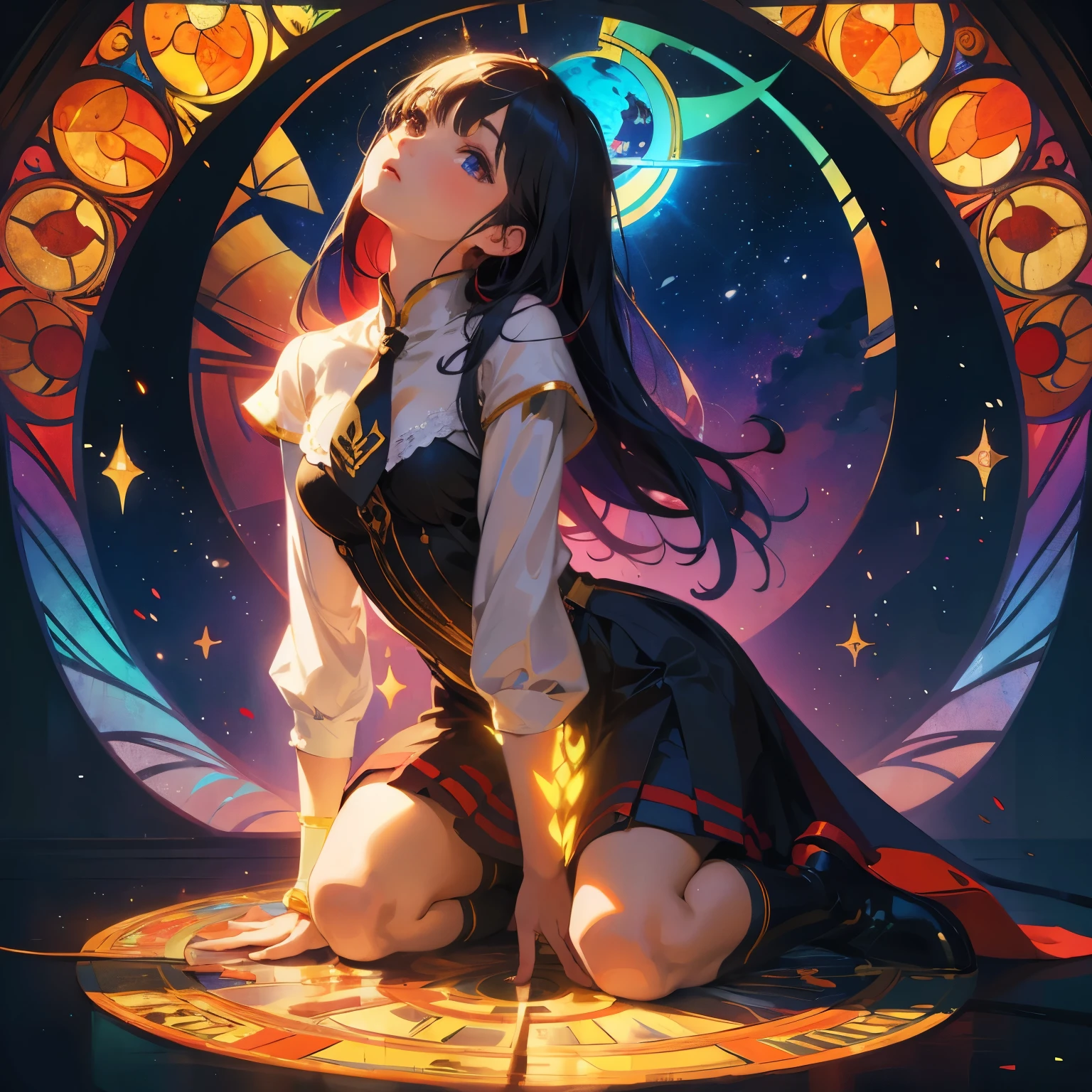 (masterpiece, highest quality, highest quality,Official Art, Beautiful and beautiful:1.2),(1 girl:1.3), 1 girl,Side shot,kneel and sit on the ground,Tie your hands behind your back, blake stained glass art, , Lead wire, Transparency BREAK Bright colors, Intricate Design, Glow effect, atmosphere