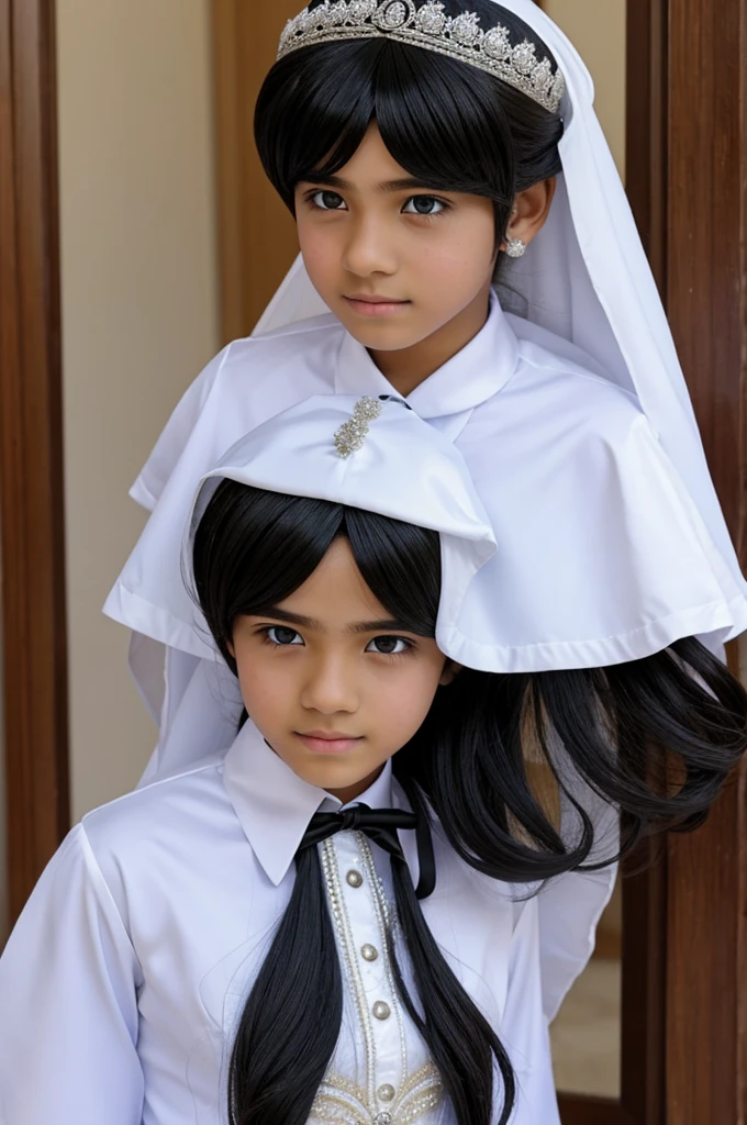 A age boy dressed in a bride's maid uniform with a wig.