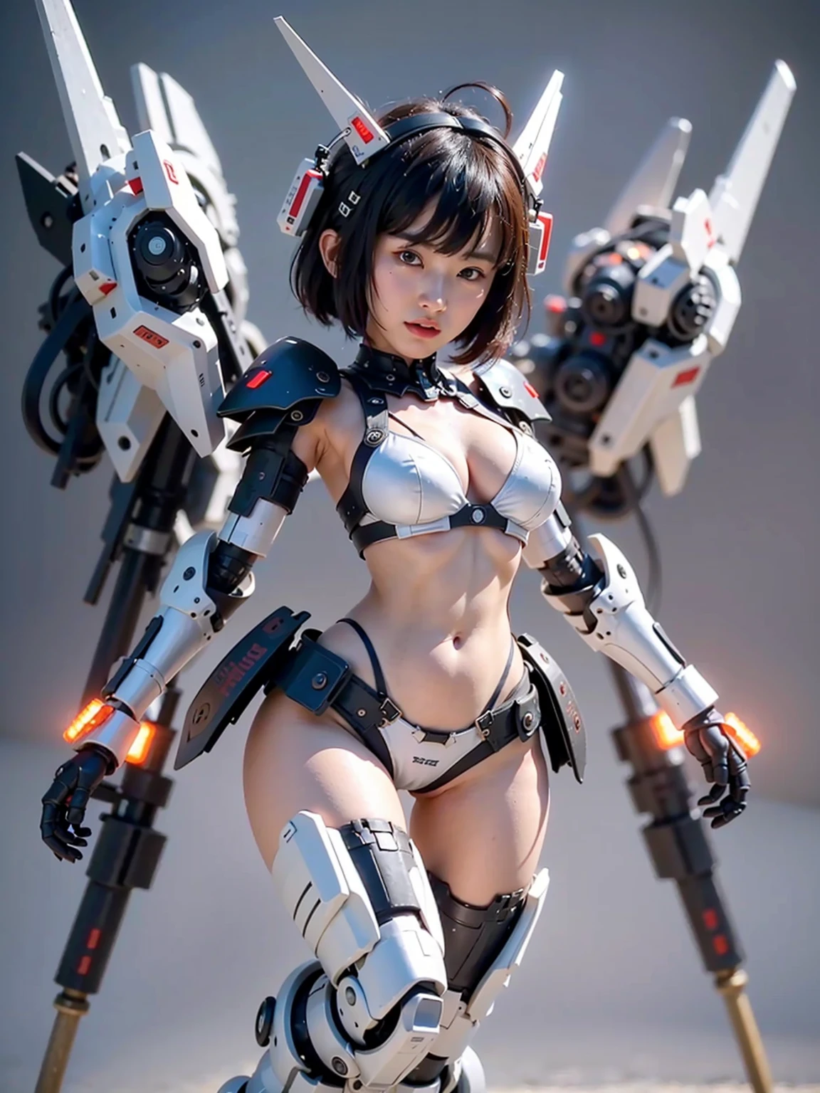 superrealism, ultra high res,8k,(Photorealsitic:1.4), (WWⅡ-like mechanical suit), Collapsed Cities, heavy weapons,vivid textures, beautiful hair, japanese female soldier,, (beautiful idle face),legs, ((super realistic all textures)), ((super intricate all details)), full body shot, ultra sharp photo result, beige color, scratch, Rust, weathering, Sweat, move, operational action in progress, steampunk, taken with Fuji film X-T30+Nokton. HDR10,Minimum of 4 pieces created