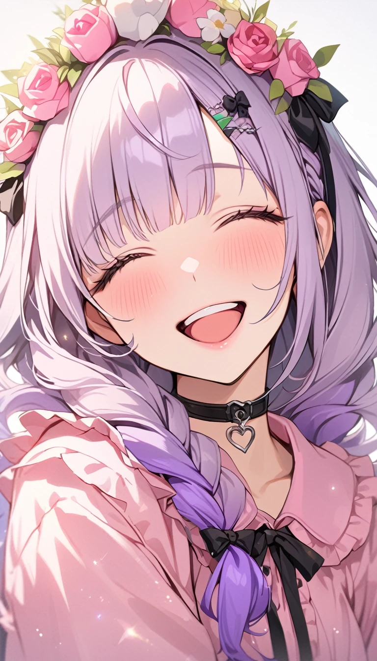 beautiful a girl wearing closs hair pin,pale purple hair,wavy two braids,blunt bangs hair,green and black eyes,(one girl is wearing
pink shirt,cosplay, jirai kei, bangs, black skirt, black bow, looking at viewer, bow, long sleeves, choker, ribbon,pink lips, (highest quality,masterpiece,16K or 8K,Super detailed,gradient glitter ),(Upper body、front), background Colorful heart, beautiful, masterpiece, highest quality、gradient hair, light blue-purple hair, floating hair, wavy hair,fluffy hair、 Hair in the wind, pastel wreath on head,Hairpins, heart-shaped hairpins with a red cross inside, green and black colored eyes, long eyelashes, beautiful eyes, light smile, bright pupils, (a girl closes her eyes and opens her mouth and smiles happily.),digital illustration, highest quality,High resolution, romantic academia, romantic atmosphere, fantasy, white background, happy, laughing,