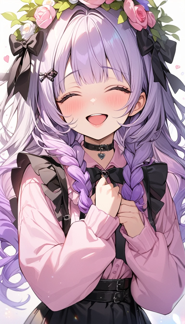 beautiful a girl wearing closs hair pin,pale purple hair,wavy two braids,blunt bangs hair,green and black eyes,(one girl is wearing
pink shirt,cosplay, jirai kei, bangs, black skirt, black bow, looking at viewer, bow, long sleeves, choker, ribbon,pink lips, (highest quality,masterpiece,16K or 8K,Super detailed,gradient glitter ),(Upper body、front), background Colorful heart, beautiful, masterpiece, highest quality、gradient hair, light blue-purple hair, floating hair, wavy hair,fluffy hair、 Hair in the wind, pastel wreath on head,Hairpins, heart-shaped hairpins with a red cross inside, green and black colored eyes, long eyelashes, beautiful eyes, light smile, bright pupils, (a girl closes her eyes and opens her mouth and smiles happily.),digital illustration, highest quality,High resolution, romantic academia, romantic atmosphere, fantasy, white background, happy, laughing,