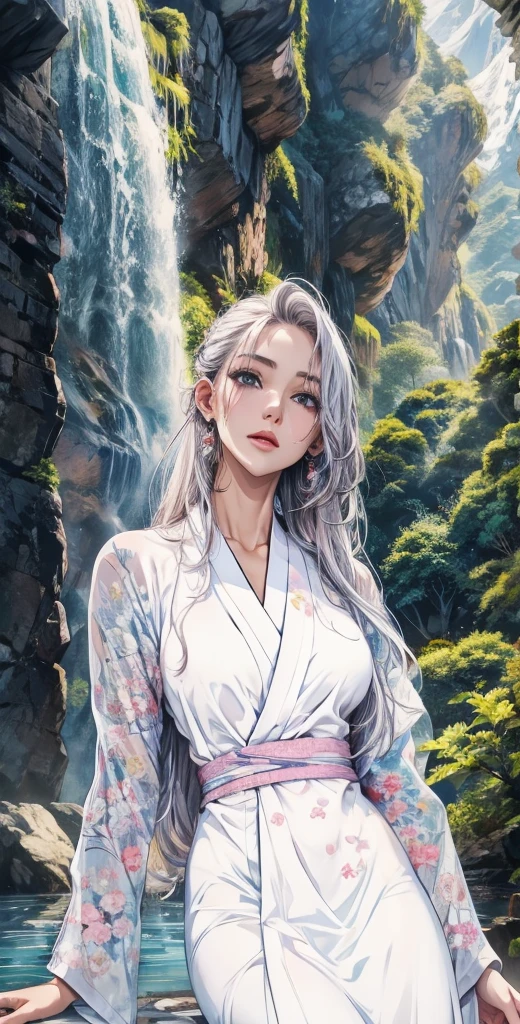Deep in the mountains、waterfall、The kimono is plain white、The kimono gets wet and the skin becomes transparent、My face and hair are wet、The kimono has no pattern.、The fabric of the kimono is thin、The kimono is pure white、