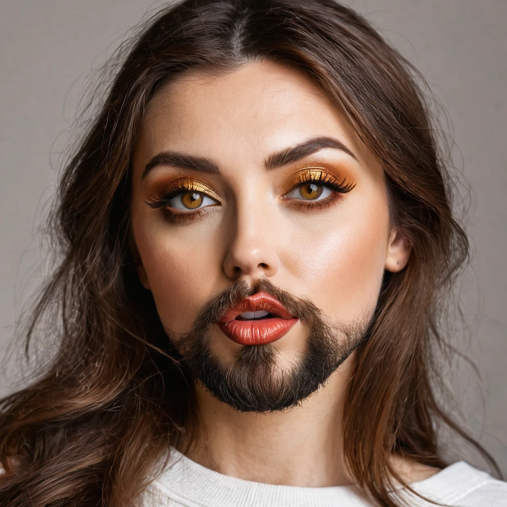 bearded bearded woman, brown hair, amber eyes, makes a smack, fakes a kiss