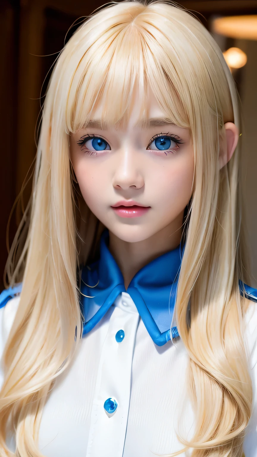 Beautiful blonde cute girl 、Sexy and very beautiful cute face、Big, bright blue eyes that sparkle beautifully、Very long, dazzling, beautiful, blonde, silky, shiny hair、Bangs between the eyes、Bangs that hang down in the face、uniform、Small Face Beauty、Glowing Skin、Cheek highlighter、White skin、Radiant Skin、Round face