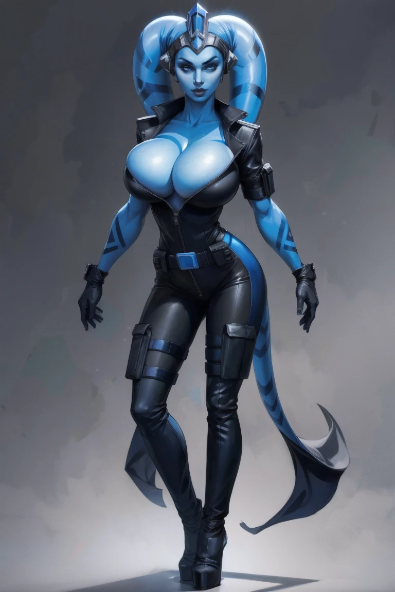 Tall Blue Skin Twi'lek with (medium breasts) wearing a black leather jumpsuit, short sleeves, tattoos, high-heel boots, utility belt, gloves, medium breasts, unzipped, cleavage, tall, graceful, (tall, long legs), toned, slim hips, small waist, full-body shot