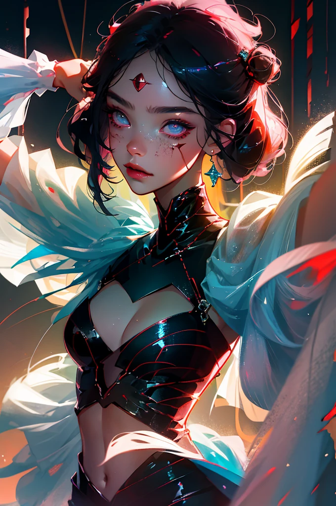 absurdres, 1girl,medium breast, star eye, blush, (realistic:1.5), (masterpiece, Extremely detailed CG unity 8k wallpaper, best quality, highres:1.2), (ultra_detailed, UHD:1.2), (pixiv:1.3), perfect illumination, distinct, (1girl:1.4), (bishoujo:1.2), looking at viewer, unreal engine, sidelighting, perfect face, detailed face, bangs, perfect body, beautiful eyes, pretty face, (bright skin:1.4), idol, (abs), ulzzang-6500-v1.1, (navel), ruins, dark place, night, dark aura, close-up, selfie, (blood on face:1.4), (evil smile:1.1)